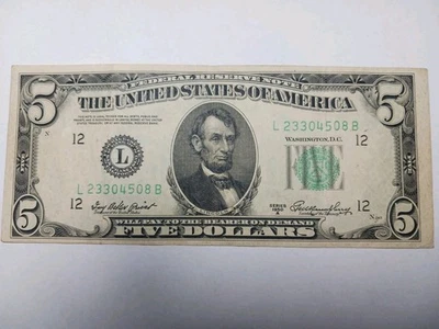 1950 A Green Seal $5.00 Dollar  Federal Reserve Note San Francisco very  nice - Image 1 of 4