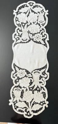 Vintage Table Runner Hand Embroidered Cut Work Floral Roses Ecru 54'' x 17'' - Image 1 of 4