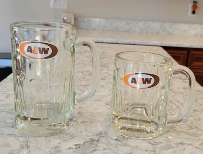 2 винтажные тяжелые стеклянные кружки A&W Root Beer 1970-е 6 дюймов и 4,5 дюйма Papa Mama лот из 2 - Изображение 1 из 4