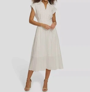 Kensie Womens White Textured-Stripe Collared Midi Dress Size 12 - Picture 1 of 4