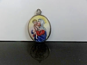 Antique RARE Holy Mary with Jesus Child Miniature Hand Painted Porcelain Pendant - Picture 1 of 9