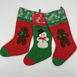 Vintage Christmas Stockings Handmade Snowman Gingerbread Man Set of 3 Red Green - Picture 1 of 16