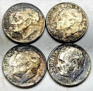 Lot Of 4 Toned 1960-P 1962-D 1963-D 1964-D Roosevelt Dimes Toned 90% Silver US - Picture 1 of 2