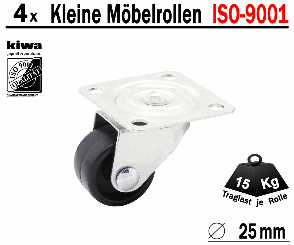 4 x 25mm Kleine Möbelrollen Tischrollen Kastenrollen Lenkrollen Kunststoffrolle - Bild 1 von 4