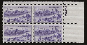 US Scott #994, Plate Block #24204 1950 Kansas City 3c FVF MNH Upper Right - Picture 1 of 1