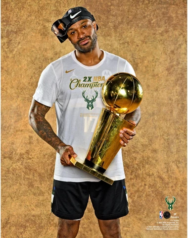 P.J. Tucker Milwaukee Bucks Unsigned 2021 Finals Larry O'Brien Trophy Photo Cover