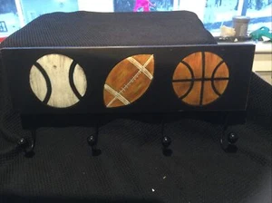 hanging wooden sports theme with hooks 19.5 x 5.5 x .5 Baseball Football Basket - Picture 1 of 5