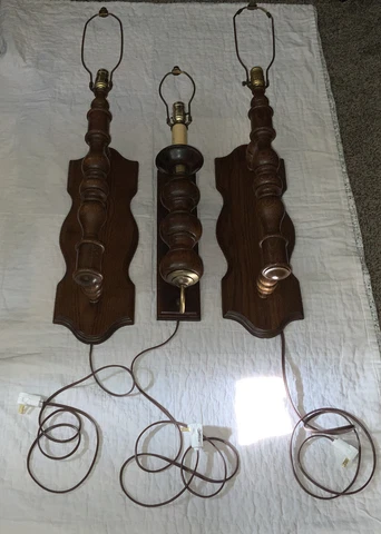 3 Lot Vintage 1970/60s Wood Wall Lights Electric Sconces New Wiring Cover