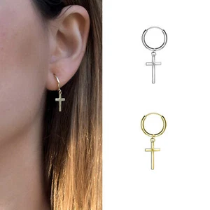Singolo Orecchino in Acciaio a Cerchio pendente Croce Oro/argento Donna Uomo - Imagen 1 de 3