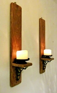 SET OF 2 RUSTIC RECLAIMED WOOD & CAST IRON WALL SCONCES CANDLE HOLDERS 55CM - Picture 1 of 6