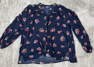 Democracy Top Women’s 2X Blue Floral Long Sleeve Tie Front 100% Rayon - Picture 1 of 12