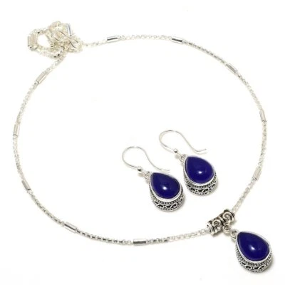 Juego de collar y pendientes hechos a mano enchapados en plata 925 de ónix azul de 18" Foto 1 de 3