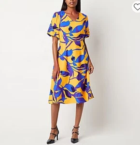 Neu mit Etikett $ 74 Liz Claiborne Gr. 10 Ringelblume Blumen Kleid gelb blau SS Luftpolsterärmel - Bild 1 von 14