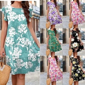 Ruffle Sleeve Dress Summer Loose Flower Print Beach Dresses Sweet Skirt Women - Picture 1 of 7