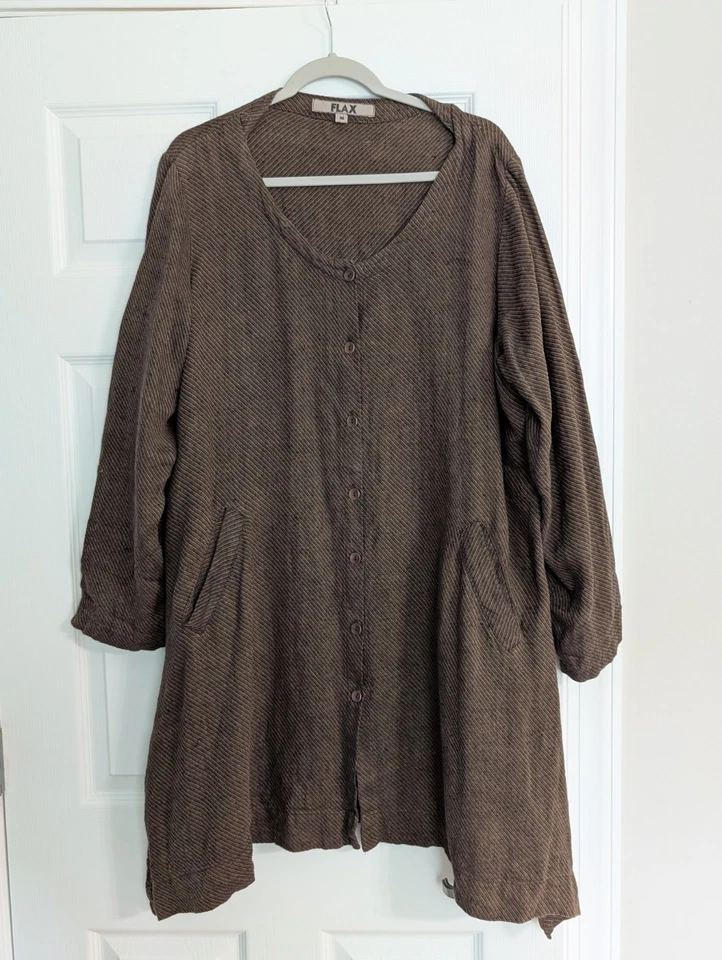 Flax 100% Linen Duster Cardigan Womens Medium Lagenlook Boho Hippie Woodstock - Image 1 of 4