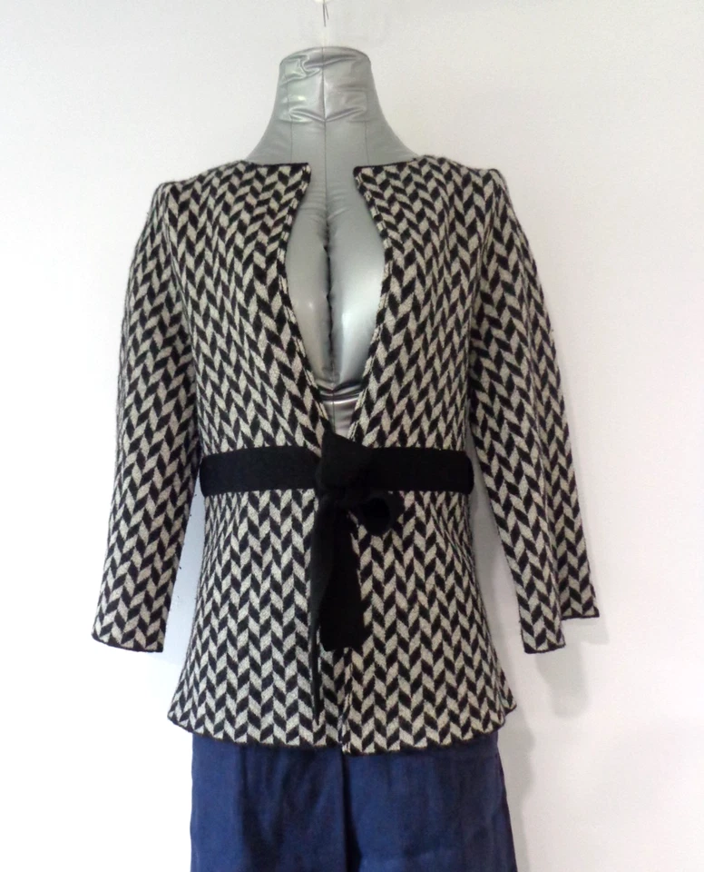 Heather B 100% Wool Sweater Jacket Velvet Tie Waist Diamond Black Gray Size M - Image 1 of 4