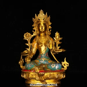 8.4" ancient China Gold plating on brass Cloisonne Green Tara Buddha statue - Picture 1 of 9