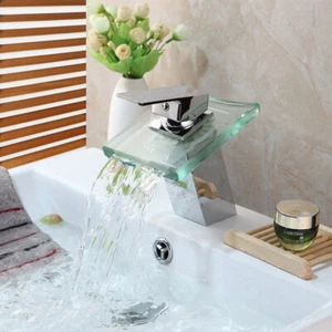 FA Bathroom Waterfall Glass Spout Basin Sink Mixer Faucet Single Hole Brass Taps - Picture 1 of 9