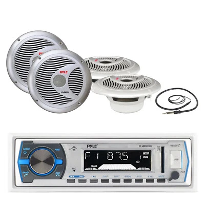 Pyle Bluetooth Marine Receiver, 4x 6.5" 150W Boat Audio Silver Speakers, Antenna - Image 1 of 4