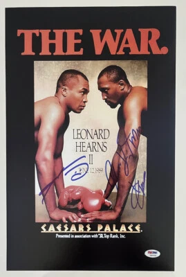 SUGAR RAY LEONARD & THOMAS HITMAN HEARNS SIGNED BOXING 11X17 PHOTO PSA/DNA - Image 1 of 2