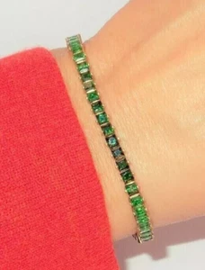 14K Yellow Gold Finish 9Ct Princess Created Green Emerald Women Tennis Bracelet - Picture 1 of 4