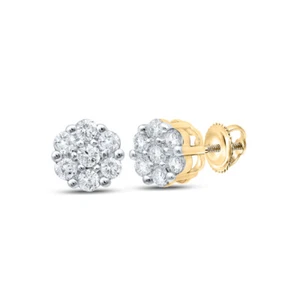 10K Yellow Gold Womens Round Diamond Flower Cluster Earrings 1/5 Cttw - Picture 1 of 2
