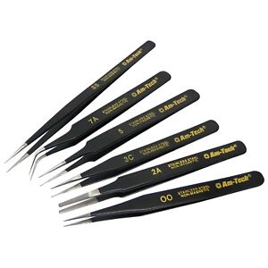 6 x Professional Coated Precision Tweezers Set Stainless Steel Non Magnetic 