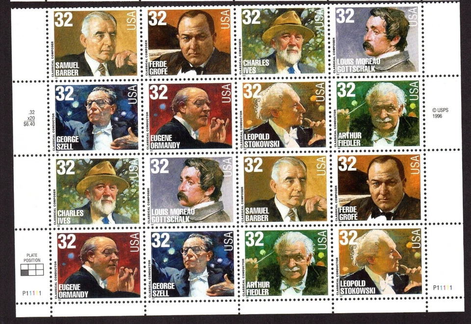 Scott #3165a Classical Composer & Conductors Plate Block of 16 Stamps MNH Bottom - Image 1 of 1