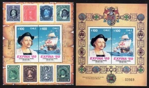 Chile 1989 Sc. 821b & 821c Exfina '89 / Columbus & Ships souvenir sheets MNH - Picture 1 of 1