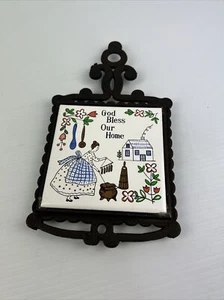 Tile Trivet Wrought Iron God Bless Our Home Pot Stand Cooking Cottage - Bild 1 von 13
