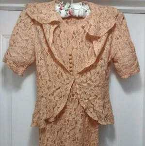 Vintage 30s Alencon Net Lace Gown Bias Cut Slip & Jacket Peach Wedding Dress S - Picture 1 of 10