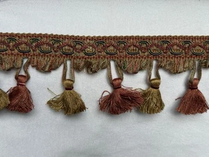 3" mauve dusty rose, tan sage green Tassel gimp Upholstery Trim 2 Yards - Picture 1 of 3