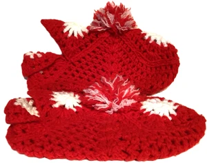 VINTAGE GEHÄKELTE SLIPPER BOOTIES ROT-WEISS 70er JAHRE - Bild 1 von 11