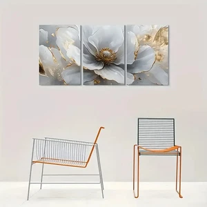 3pcs Abstract Floral Gray & Golden Metal Print Ready to Hang Art - Foto 1 di 7