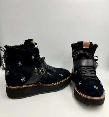 Coach City Urban Hiker Wmns Black Suede W Blue Flowers Shearling Boots Sz 7B - Image 1 of 4