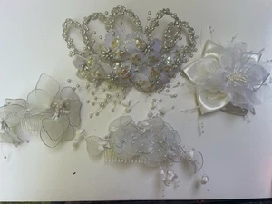 4 Vintage 80er Jahre weiß Blumen Spray Haarschmuck Braut Hochzeit Perlen - Bild 1 von 9