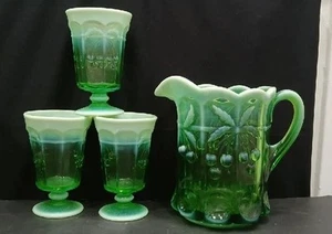 Vintage Mosser grün opalisierend Kirsche Daumenabdruck 4 Stück Wasserset - Bild 1 von 10