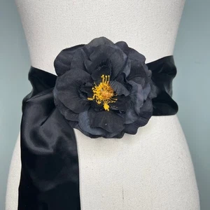 Vintage 90s Black Satin Silk Peony Corsage Sash Belt Cara Adjustable One Size - Picture 1 of 9
