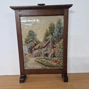 Vintage Wooden Hand Embroidered Fire Screen Guard Wood Fireguard Tapestry - Picture 1 of 9