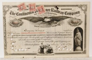 VINTAGE! Continental Passenger Railway Company Stock Certificate Phily 1892 - Picture 1 of 2