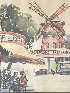 ANTIQUE FRENCH MODERN IMPRESSIONIST  WATERCOLOR PAINTING OLD VINTAGE PARIS 1950