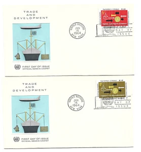 ONU NY #129-30 Comercio y Desarrollo, dos sellos oficiales de Ginebra FDC - Imagen 1 de 1