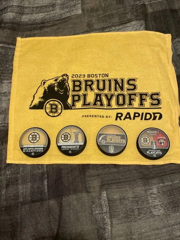 Boston Bruins 2023 Playoff Pucks Towel Division Champs Presidents Trophy Round 1 Cover