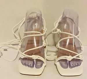 Women’s Split Square Toe Lace Up Chunky Heel Block Strappy Sandals Size 5 White - Picture 1 of 24