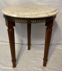 Vintage Italian Marble Top Wood Side Table Plant Stand Brass MDC Italy 17.5"H