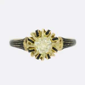Victorian 0.40 Carat Old Cut Diamond & Black Enamel Solitaire Ring In 18ct Gold - Picture 1 of 5