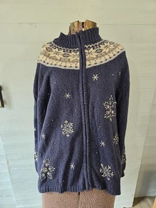 Crystal Kobe Mujer XL Azul Blanco Vacaciones Cárdigan Suéter Cuentas Copos de Nieve - Imagen 1 de 6