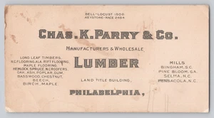 Chas K Parry Schnittholz Trade Card Philadelphia PA Holzboden Großhandel Mühlen - Bild 1 von 2