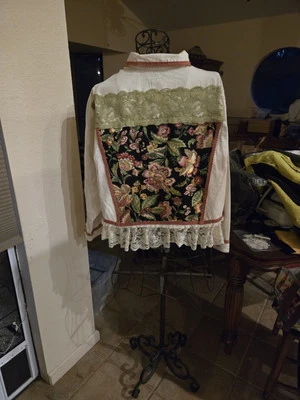 Upcycled  Handmade One of a Kind Cream Denim Coat- Flowers and Leaves.  Size 2LX - Image 1 of 2