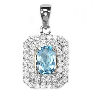 925 STERLING SILVER PENDANT SKY BLUE TOPAZ GEMSTONE 7X5 MM. & WHITE CZ GEMSTONE - Picture 1 of 10